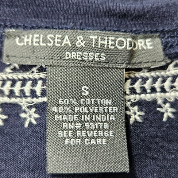 Chelsea & Theodore Navy Blue Embroidered Boho Shift Dress S Cap Sleeve Pocket - Picture 3 of 8